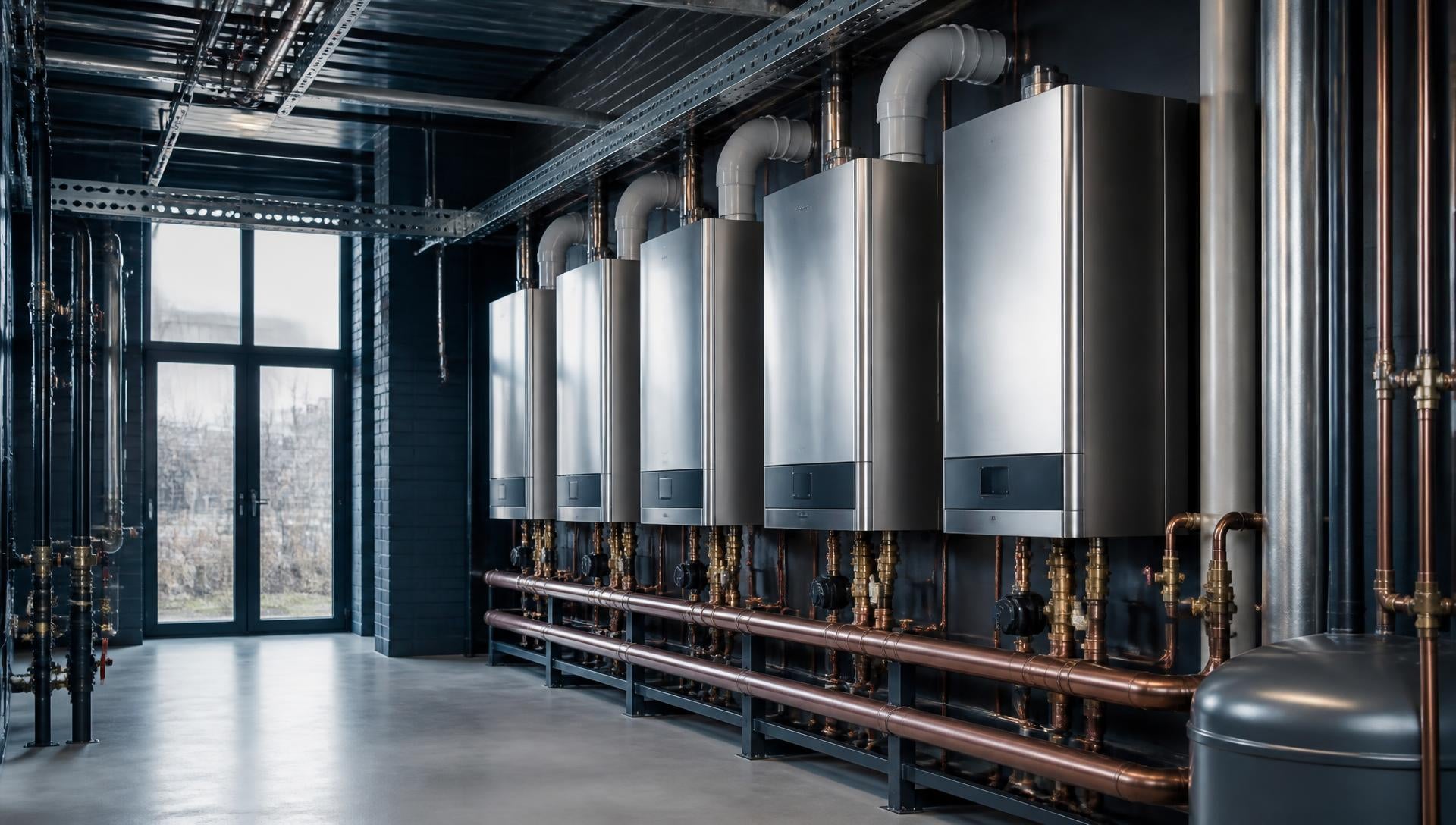 Commercial plant room with wall-mounted heating appliances